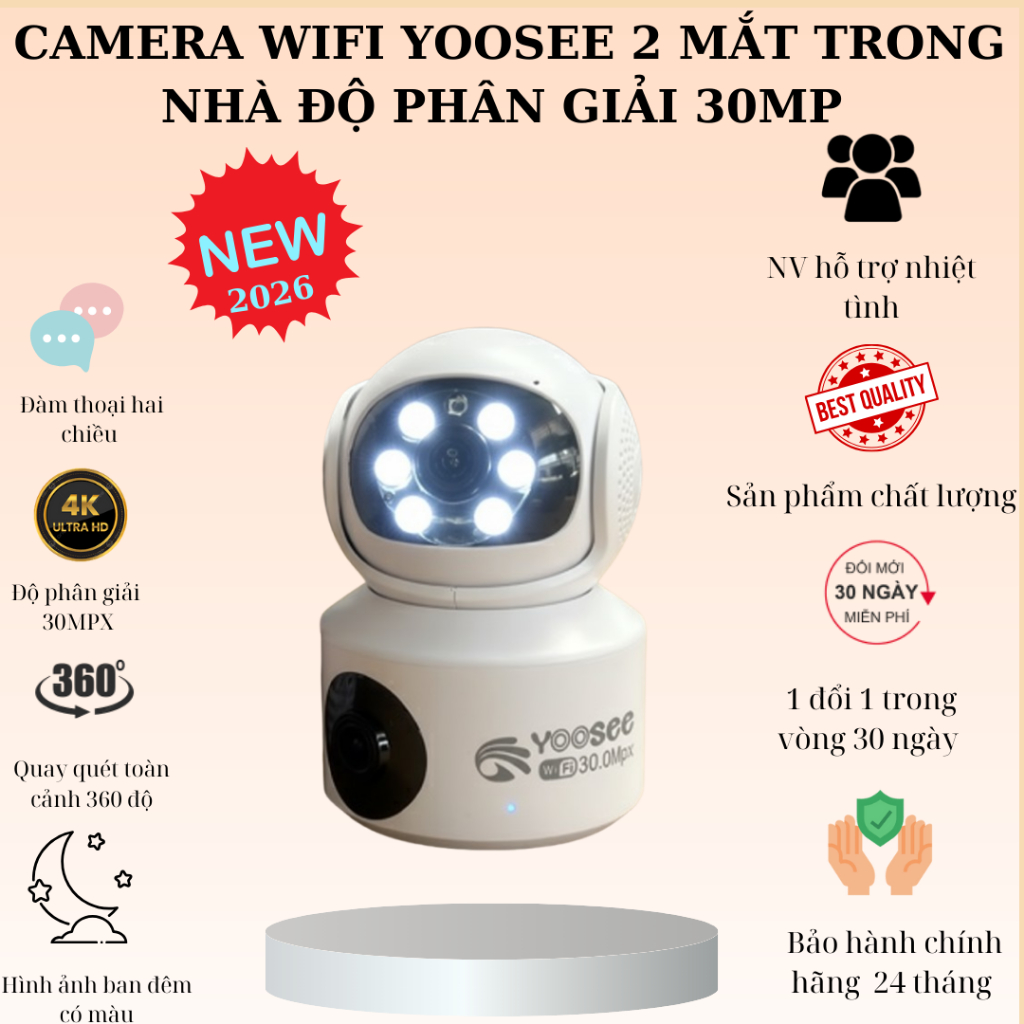 (Lỗi 1 đổi 1) Camera WIFI MODEL 2026 YOOSEE trong nhà 2 mắt 2 khung hình, độ phân giải 30MP
