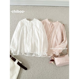 Áo Kiểu Sơ Mi Cổ Bèo Phối Ren Buộc Nơ Dài Tay Xếp Ly Ngực Tiểu Thư Phong Cách Hàn Quốc Cakecat