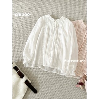Áo Kiểu Sơ Mi Cổ Bèo Phối Ren Buộc Nơ Dài Tay Xếp Ly Ngực Tiểu Thư Phong Cách Hàn Quốc Cakecat