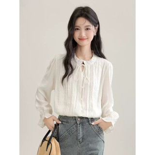 Áo Kiểu Sơ Mi Cổ Bèo Phối Ren Buộc Nơ Dài Tay Xếp Ly Ngực Tiểu Thư Phong Cách Hàn Quốc Cakecat