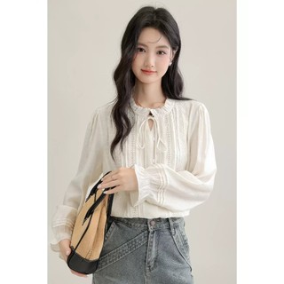 Áo Kiểu Sơ Mi Cổ Bèo Phối Ren Buộc Nơ Dài Tay Xếp Ly Ngực Tiểu Thư Phong Cách Hàn Quốc Cakecat
