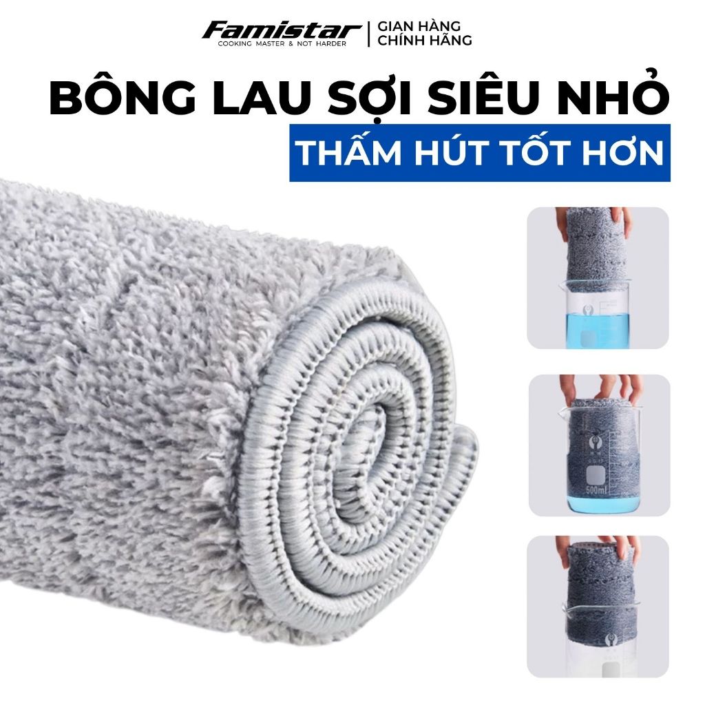 Cây lau nhà tự vắt khô 80% FAMISTAR, xoay 360 độ bản lau 45cm có đầu gạt nước tặng kèm 2 bông lau