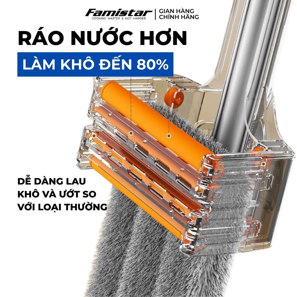 Cây lau nhà tự vắt khô 80% FAMISTAR, xoay 360 độ bản lau 45cm có đầu gạt nước tặng kèm 2 bông lau