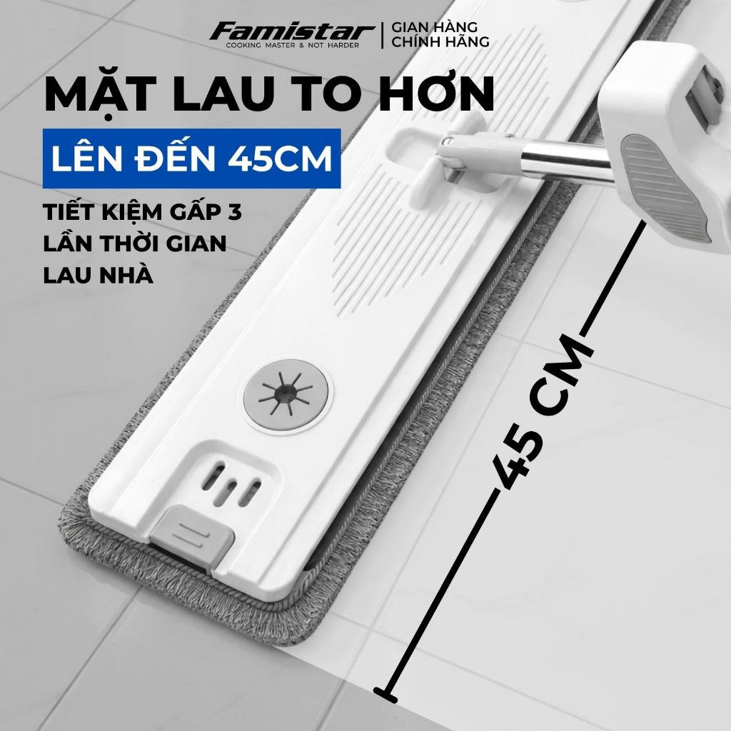 Cây lau nhà tự vắt khô 80% FAMISTAR, xoay 360 độ bản lau 45cm có đầu gạt nước tặng kèm 2 bông lau