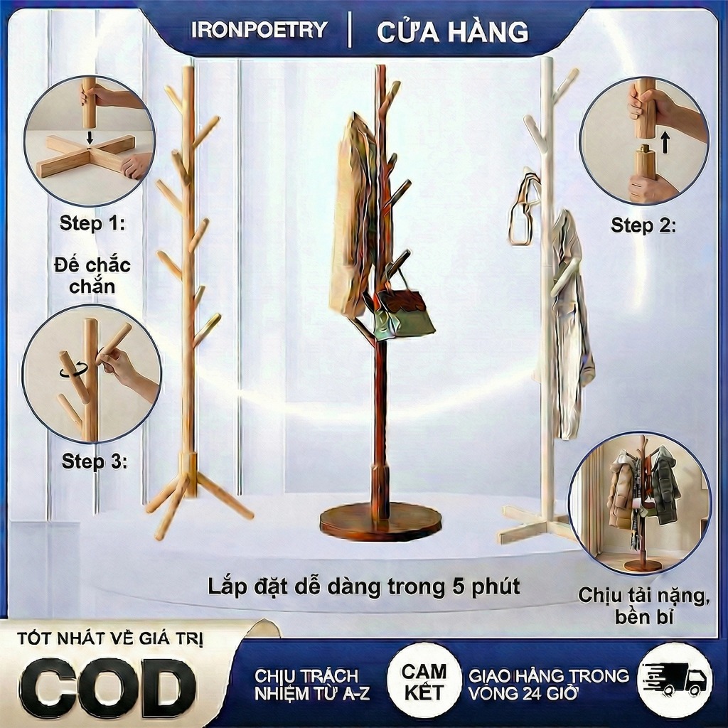 Giá treo quần áo gỗ tự nhiên thông minh cây móc áo đứng đa năng tiết kiệm không gian phòng ngủ