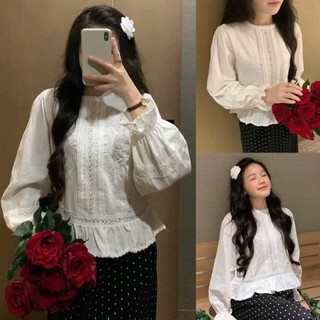Áo Sơ Mi Thô Phối Ren Vintage Cổ Tròn Dáng Ngắn Tay Bo Chun Amor Top Siêu Xinh Tiểu Thư Cakecat