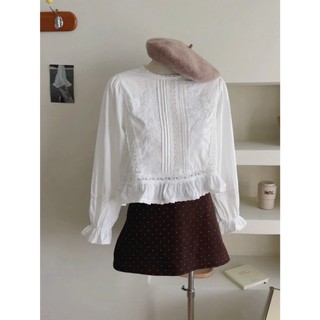 Áo Sơ Mi Thô Phối Ren Vintage Cổ Tròn Dáng Ngắn Tay Bo Chun Amor Top Siêu Xinh Tiểu Thư Cakecat