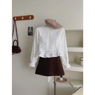 Áo Sơ Mi Thô Phối Ren Vintage Cổ Tròn Dáng Ngắn Tay Bo Chun Amor Top Siêu Xinh Tiểu Thư Cakecat