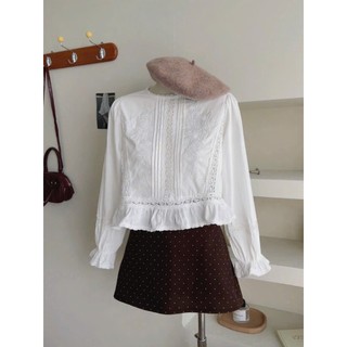 Áo Sơ Mi Thô Phối Ren Vintage Cổ Tròn Dáng Ngắn Tay Bo Chun Amor Top Siêu Xinh Tiểu Thư Cakecat