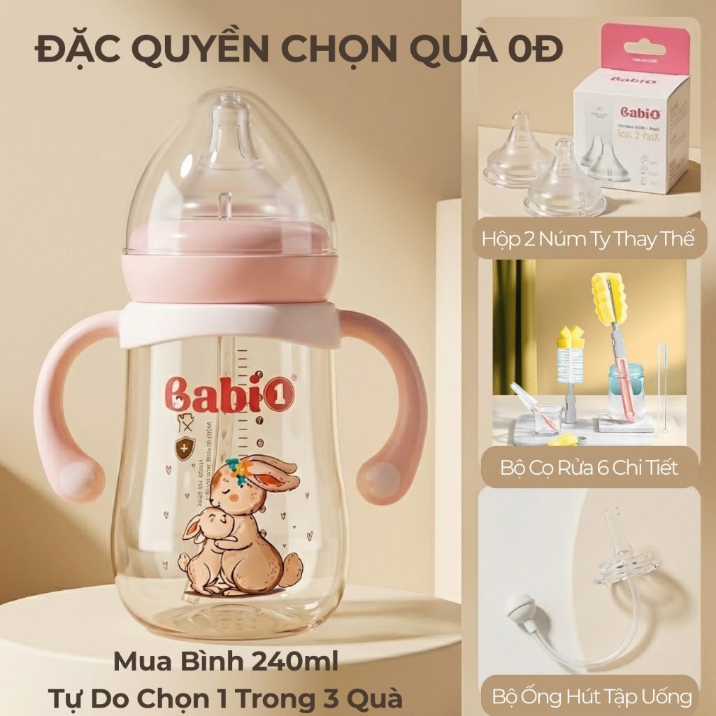 Bình Sữa Babi1 240ml PPSU Plus Không Vi Nhựa Cổ Rộng Có Tay Cầm Tặng Kèm Quà Chính Hãng
