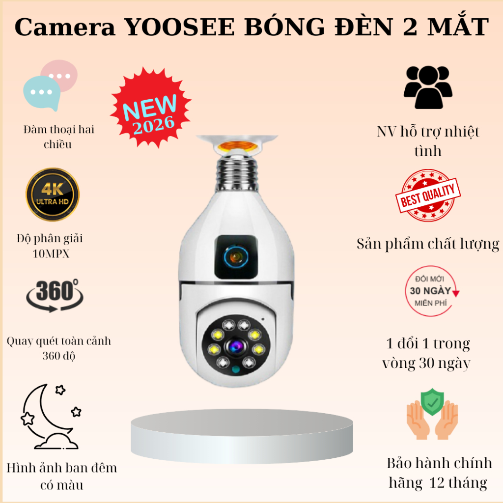 (Lỗi 1 đổi 1) NEW 2026 CAMERA BÓNG ĐÈN 2 MẮT (1 CỐ ĐỊNH, 1 XOAY) thế hệ mới  - xoay 360 độ, xem đêm có màu