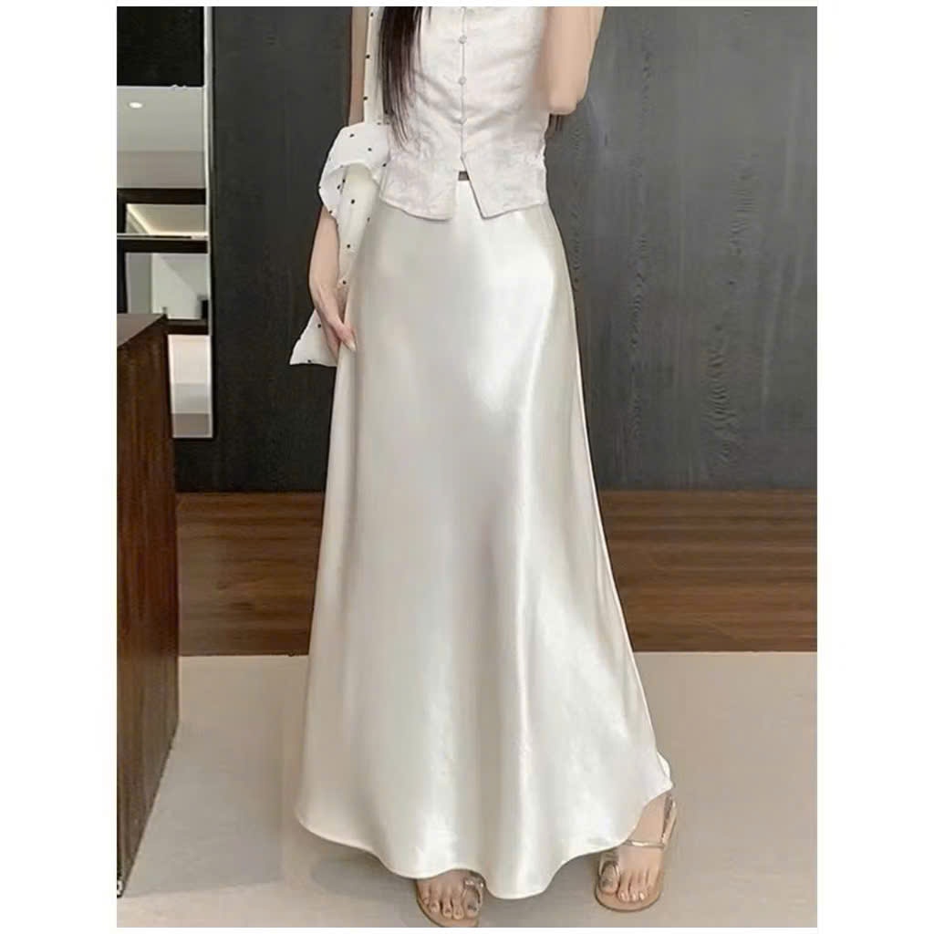Chân Váy Lụa Midi Dáng Dài Chữ A Phối đuôi cá Nhiều Màu, Chân Váy Dài Chất Lụa Vân Sóng Mềm Mịn Ohari House