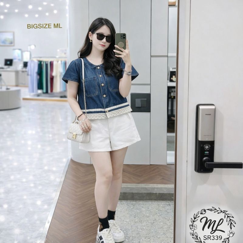 💙✨ SÉT BIGSIZE ÁO LỤA JEAN PHỐI REN QUẦN SHORT NĂNG ĐỘNG – SR339 (55–90KG) ✨💙