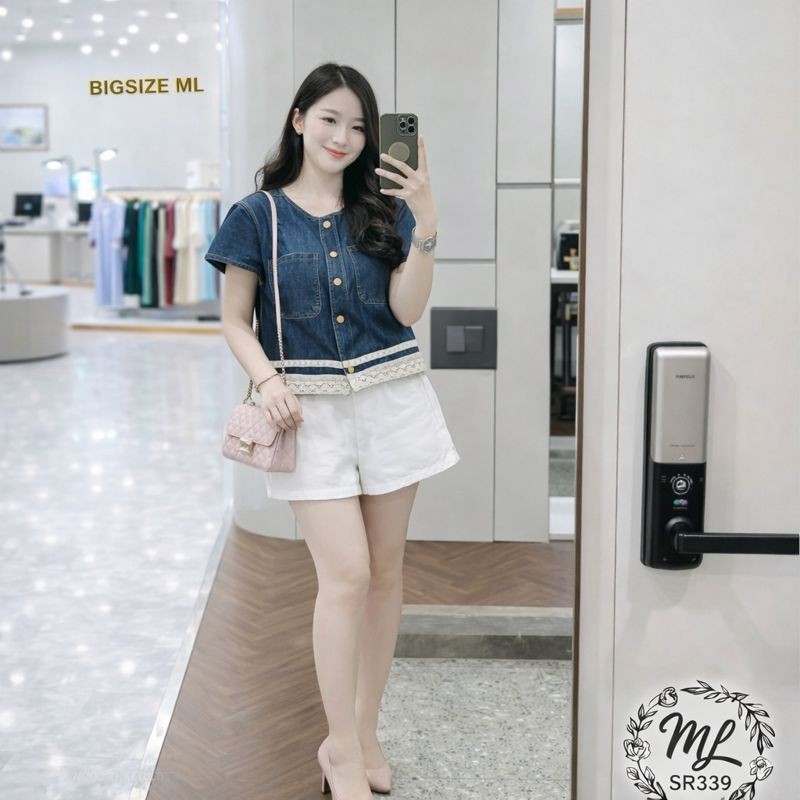 💙✨ SÉT BIGSIZE ÁO LỤA JEAN PHỐI REN QUẦN SHORT NĂNG ĐỘNG – SR339 (55–90KG) ✨💙