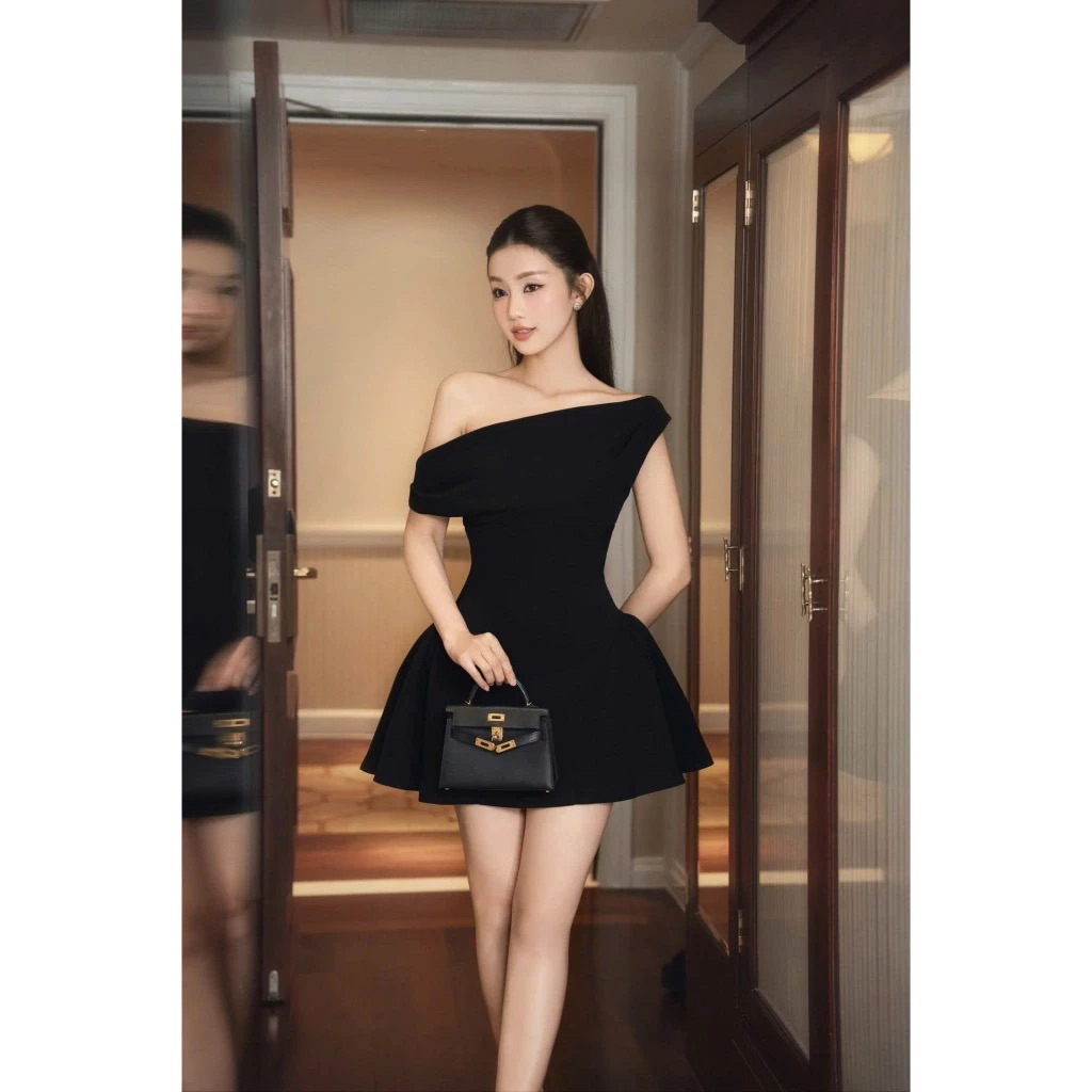 Đầm váy nữ thiết kế dự tiệc lệch vai nhún eo from xoè tôn dáng chất vải hai lớp sang trọng trẻ trung - pusu house