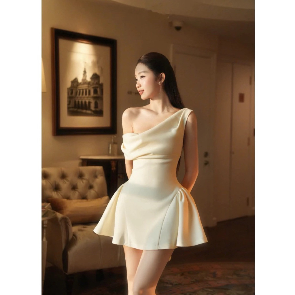 Đầm váy nữ thiết kế dự tiệc lệch vai nhún eo from xoè tôn dáng chất vải hai lớp sang trọng trẻ trung - pusu house