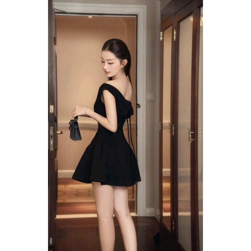 Đầm váy nữ thiết kế dự tiệc lệch vai nhún eo from xoè tôn dáng chất vải hai lớp sang trọng trẻ trung - pusu house
