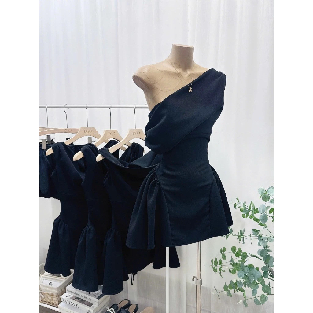 Đầm váy nữ thiết kế dự tiệc lệch vai nhún eo from xoè tôn dáng chất vải hai lớp sang trọng trẻ trung - pusu house