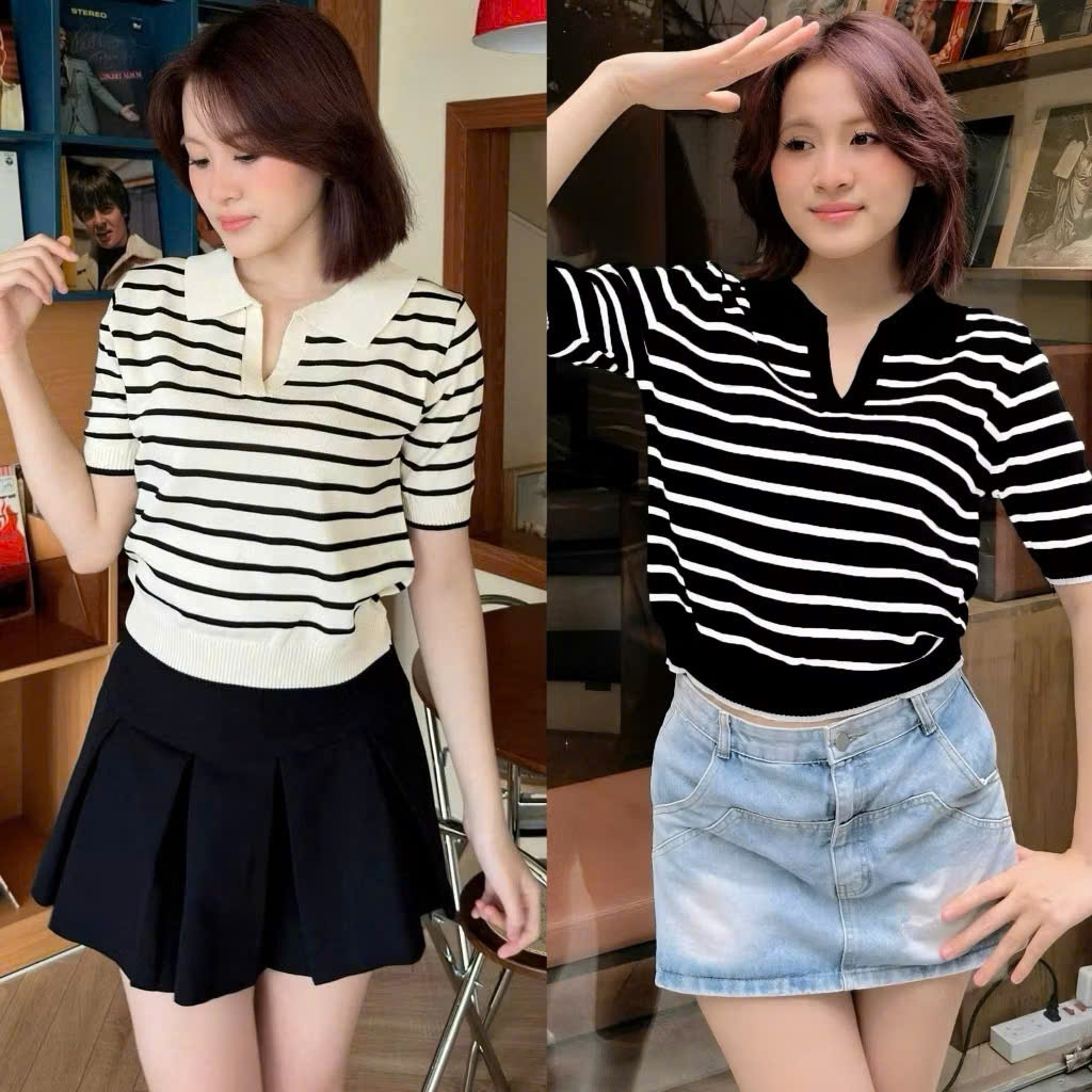 Áo len mtg ngắn tay cổ V phối kẻ A113
