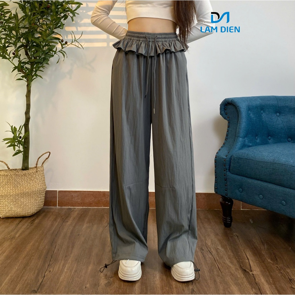 Quần Gió Nữ Ống Rộng Phối Bèo Lưng Chun Thời Trang, Quần Lụa Nữ Form Suông Mặc Đi Chơi Ở Nhà Cực Mát