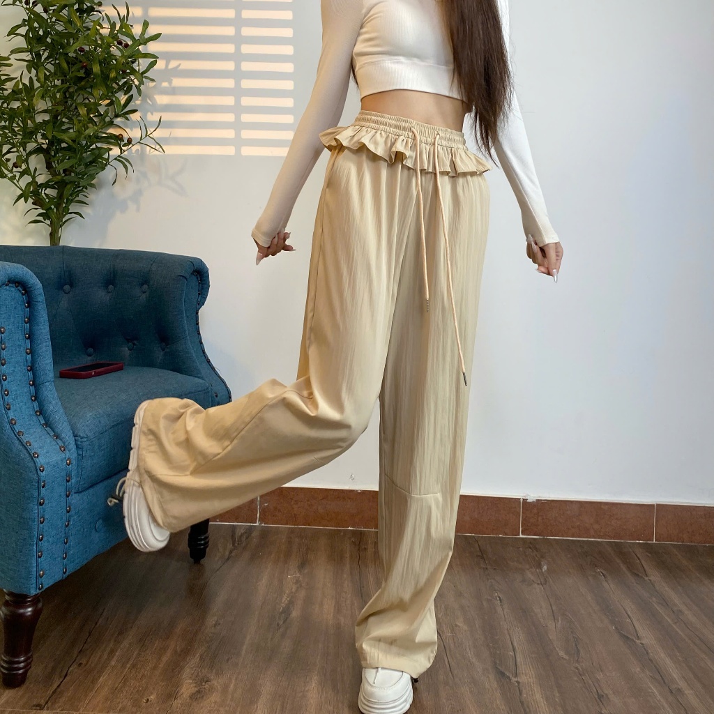 Quần Gió Nữ Ống Rộng Phối Bèo Lưng Chun Thời Trang, Quần Lụa Nữ Form Suông Mặc Đi Chơi Ở Nhà Cực Mát