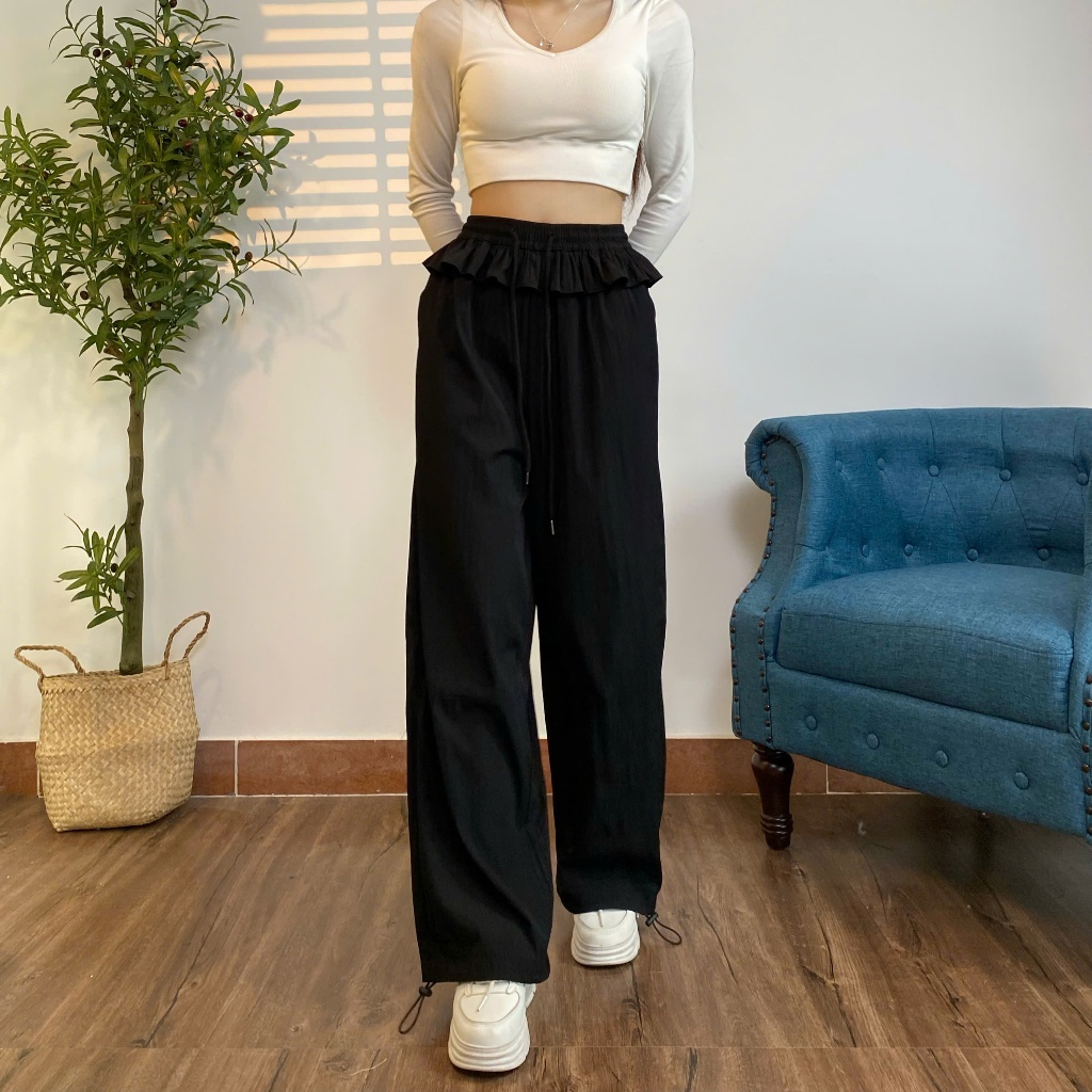 Quần Gió Nữ Ống Rộng Phối Bèo Lưng Chun Thời Trang, Quần Lụa Nữ Form Suông Mặc Đi Chơi Ở Nhà Cực Mát