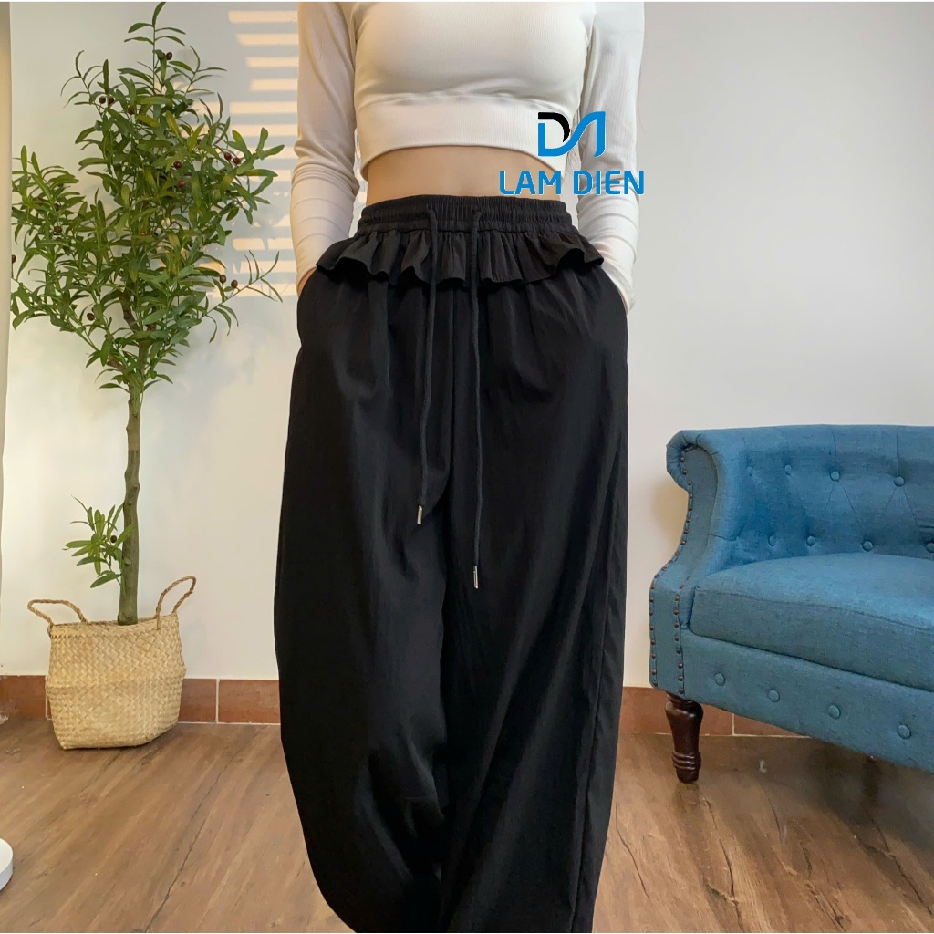 Quần Gió Nữ Ống Rộng Phối Bèo Lưng Chun Thời Trang, Quần Lụa Nữ Form Suông Mặc Đi Chơi Ở Nhà Cực Mát