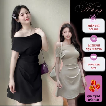 Váy thun trễ vai dáng ngắn co dãn, đầm nhún eo lệch vai tiểu thư, váy dự tiệc ngắn trễ vai N.Â.N.G_N194