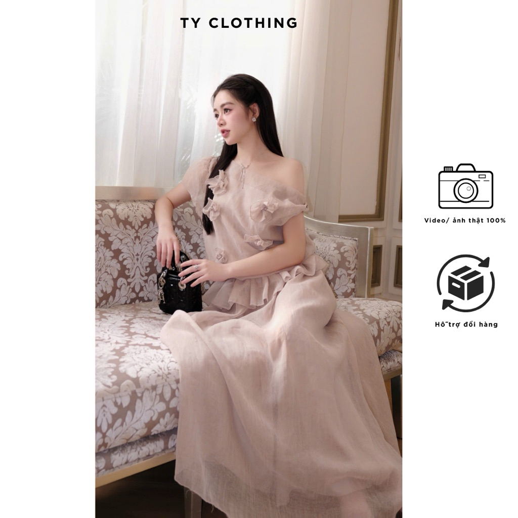 Set Lệch Vai Phối Hoa Chân Váy Dáng Dài Đi Tiệc Sang Chảnh- Hàng Thiết Kế - Màu Nâu Tây - TY CLOTHING
