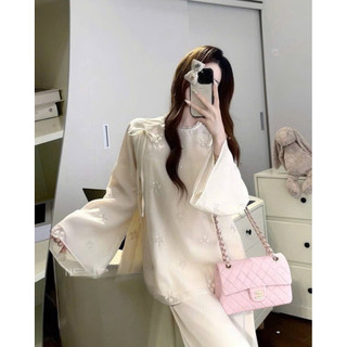 CÉLASTUDIO | Set Áo Tơ Hoa Xốp Đính Nơ Tay Dài & Quần Ống Suông Lụa Cao Cấp