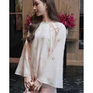 CÉLASTUDIO | Set Áo Tơ Hoa Xốp Đính Nơ Tay Dài & Quần Ống Suông Lụa Cao Cấp