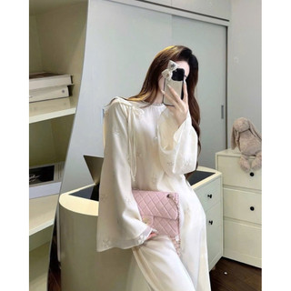 CÉLASTUDIO | Set Áo Tơ Hoa Xốp Đính Nơ Tay Dài & Quần Ống Suông Lụa Cao Cấp