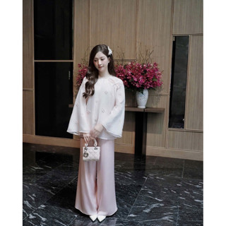 CÉLASTUDIO | Set Áo Tơ Hoa Xốp Đính Nơ Tay Dài & Quần Ống Suông Lụa Cao Cấp