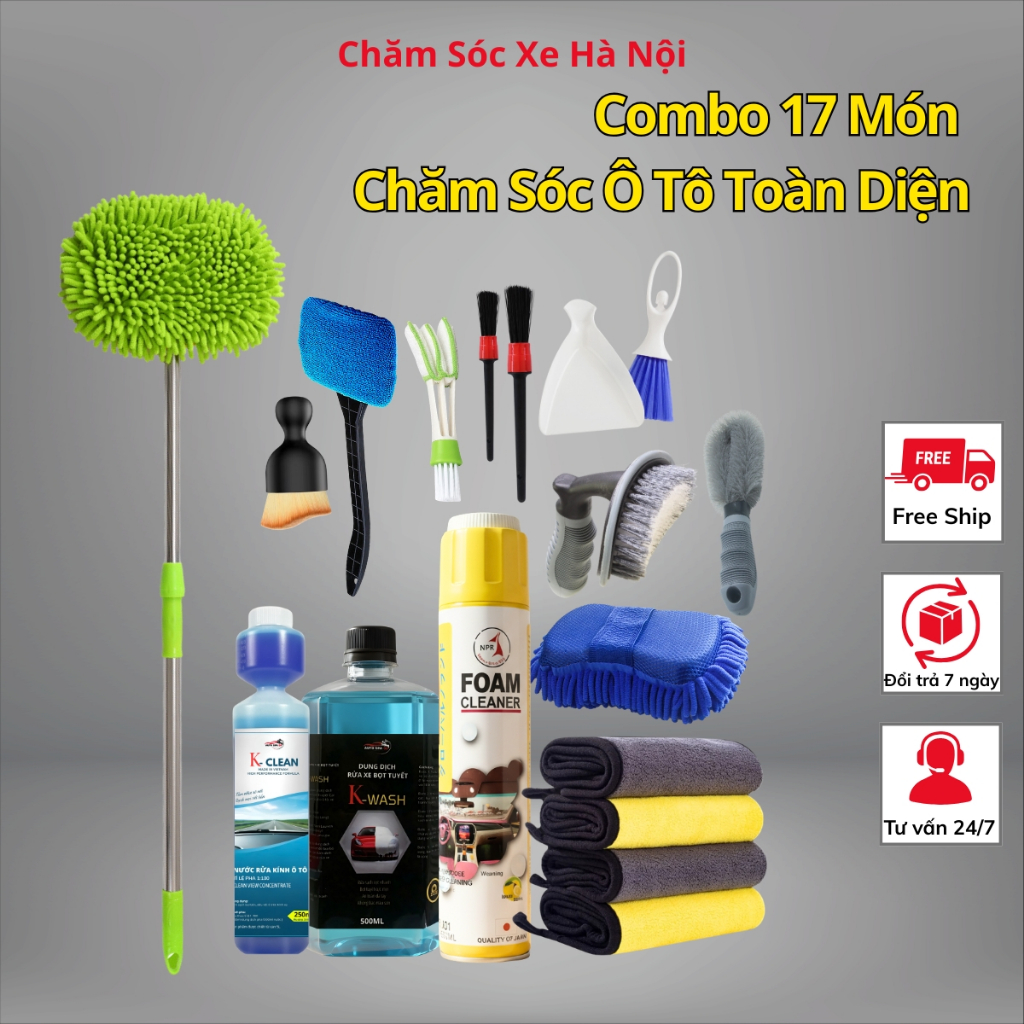 Combo 17 Món Rửa Xe & Vệ Sinh Nội Thất Ô Tô Tại Nhà – Đầy Đủ Dụng Cụ Chăm Sóc Xe Toàn Diện