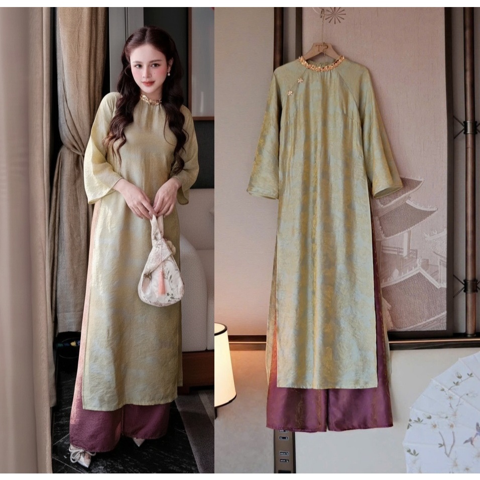 Set áo dài cách tân cổ đính đá kim sa dáng suông chất voan tơ óng + quần óng Áo dài cổ tròn sang trọng T1473G