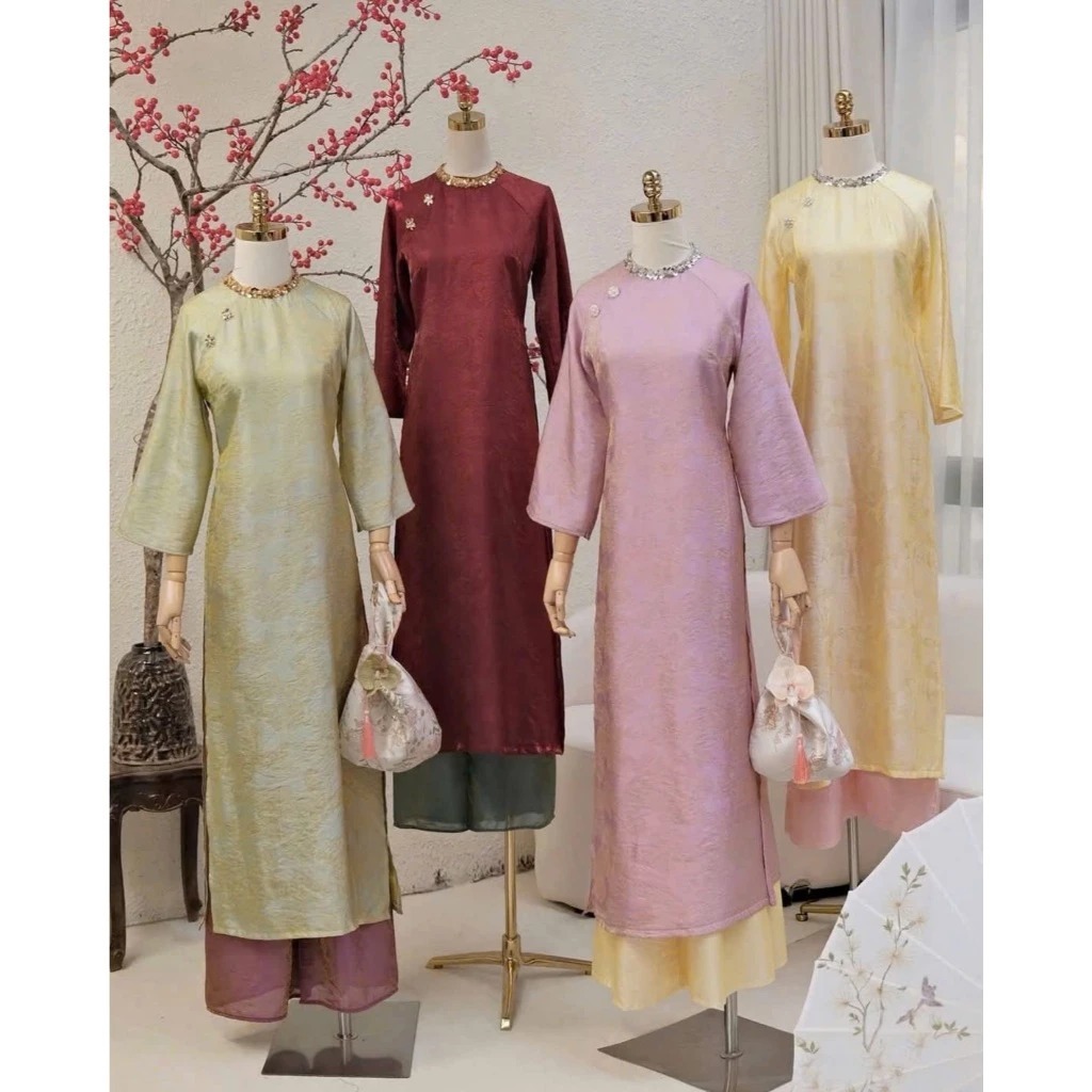 Set áo dài cách tân cổ đính đá kim sa dáng suông chất voan tơ óng + quần óng Áo dài cổ tròn sang trọng T1473G