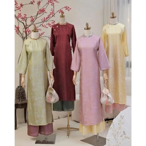 Set áo dài cách tân cổ đính đá kim sa dáng suông chất voan tơ óng + quần óng Áo dài cổ tròn sang trọng T1473G