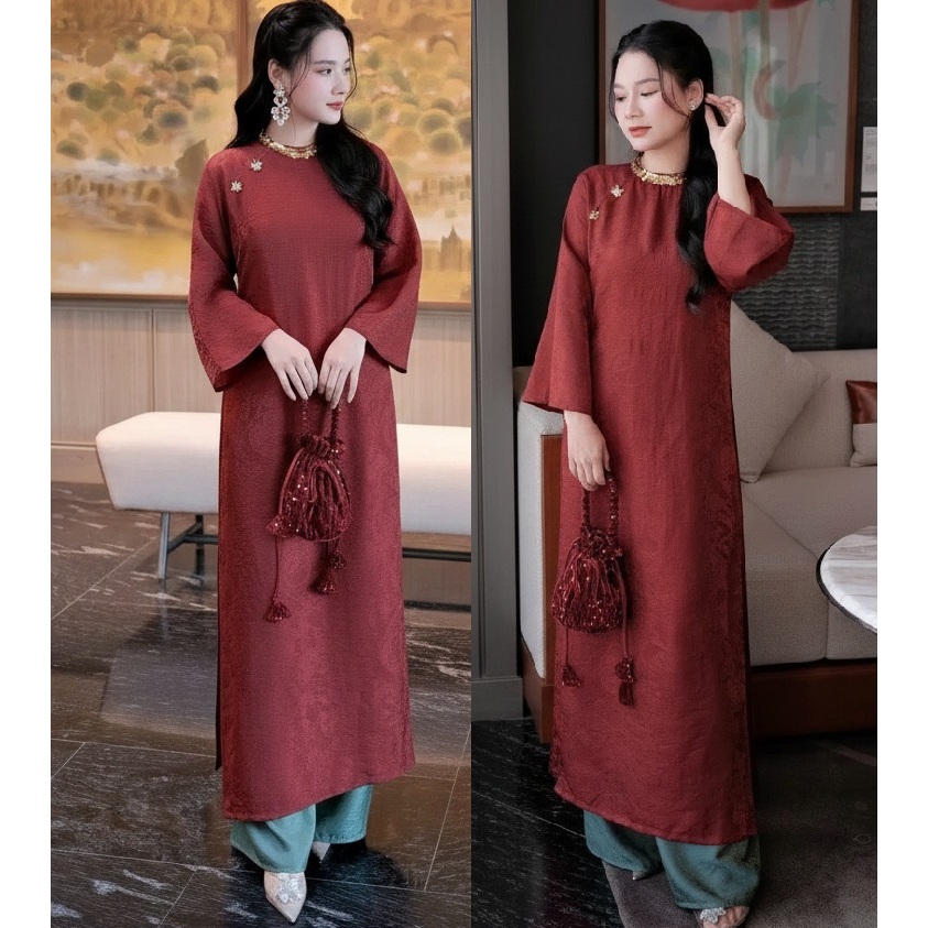 Set áo dài cách tân cổ đính đá kim sa dáng suông chất voan tơ óng + quần óng Áo dài cổ tròn sang trọng T1473G
