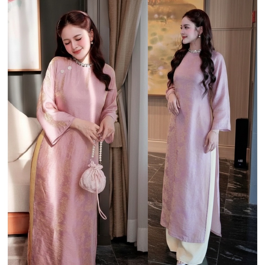 Set áo dài cách tân cổ đính đá kim sa dáng suông chất voan tơ óng + quần óng Áo dài cổ tròn sang trọng T1473G