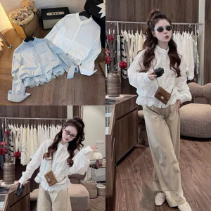 Áo somi cổ bèo phối ren A9 SM xanh, trắng