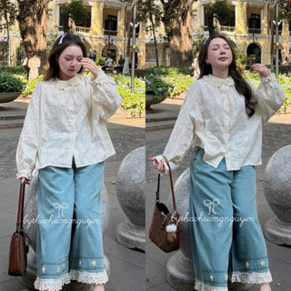[A0.307] Áo Sơmi Thô Thêu Hoa QC Cổ Ren Cúc Bọc 2 Màu