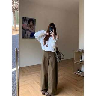 Quần Ống Rộng ELEGANTE Phối Sọc Có Túi Sau Chất Liệu KAKI NHẬT  Che Khuyết Điểm Đôi Chân Cực Tốt