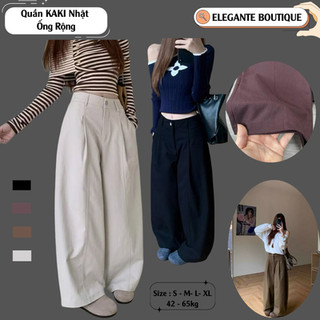 Quần Ống Rộng ELEGANTE Phối Sọc Có Túi Sau Chất Liệu KAKI NHẬT  Che Khuyết Điểm Đôi Chân Cực Tốt