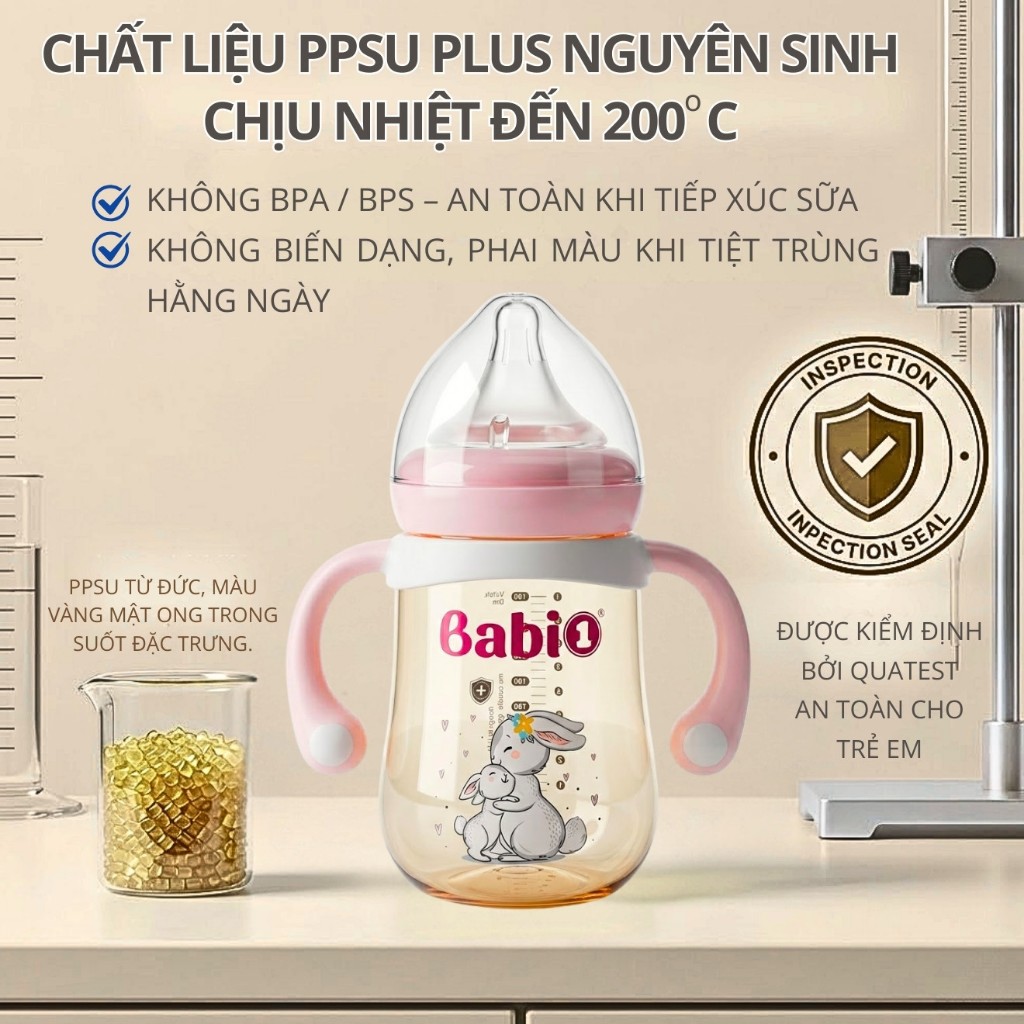 Bình Sữa Babi1 240ml PPSU Plus Không Vi Nhựa Cổ Rộng Có Tay Cầm Tặng Kèm Quà Chính Hãng