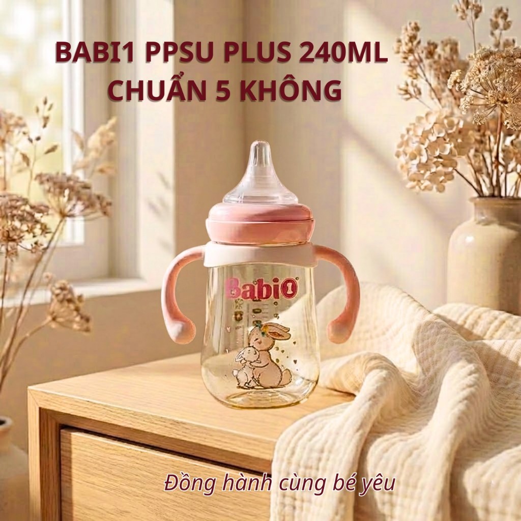 Bình Sữa Babi1 240ml PPSU Plus Không Vi Nhựa Cổ Rộng Có Tay Cầm Tặng Kèm Quà Chính Hãng