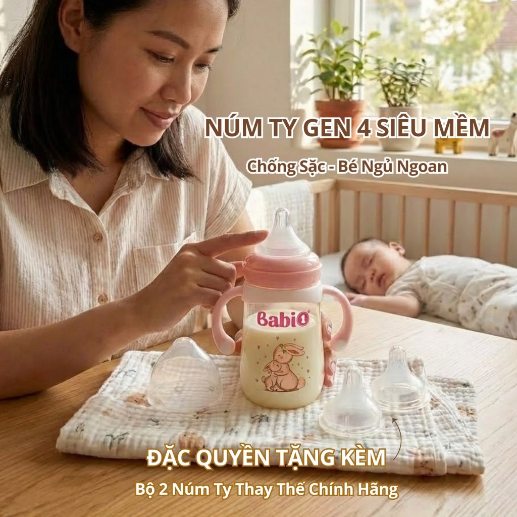 Bình Sữa Babi1 240ml PPSU Plus Không Vi Nhựa Cổ Rộng Có Tay Cầm Tặng Kèm Quà Chính Hãng