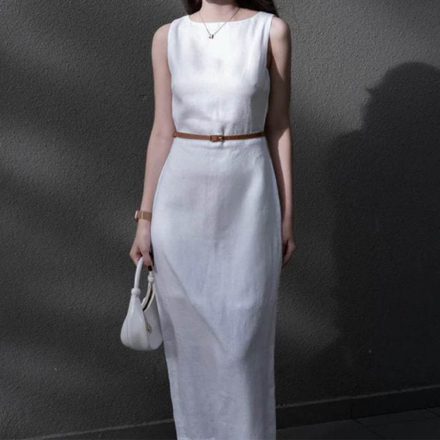 𝗗𝗼𝗿𝗮 2  - Đầm Linen cổ thuyền dáng dài midi KHÔNG KÈM BELT