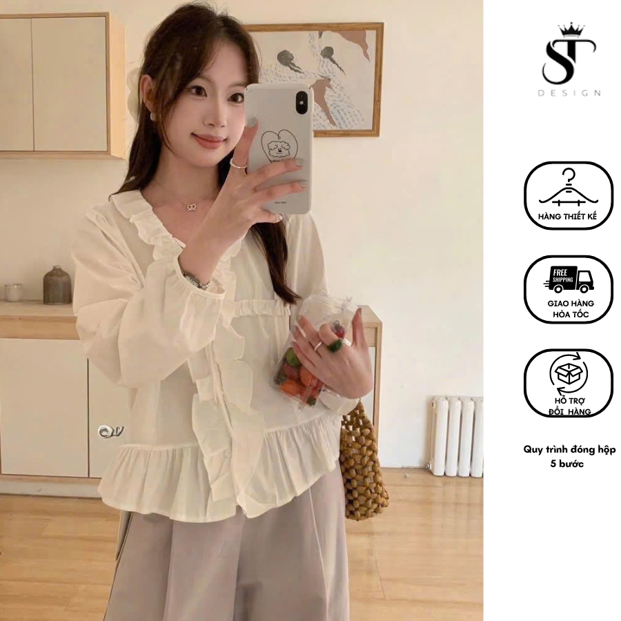 Áo sơ mi cách điệu rút eo viền ren tay bồng xinh xắn hai màu trắng, xanh - ST Design - 57