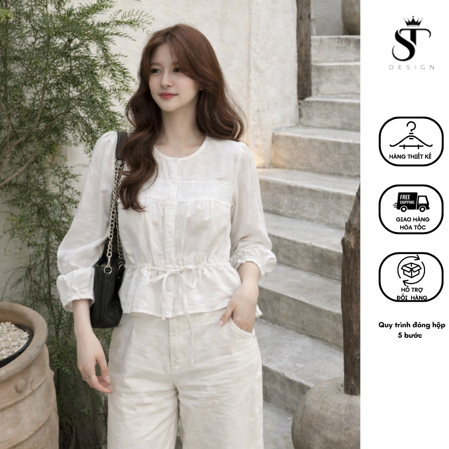 Áo sơ mi cách điệu rút eo viền ren tay bồng xinh xắn hai màu trắng, xanh - ST Design - 57