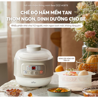 Nồi Nấu Cháo Chậm BEAR 0.8L DDZ-A08T8 (Kèm Lồng Hấp), 200W, Có Lõi Gốm Sứ, 7 Chế Độ Nấu, Giữ Nhiệt